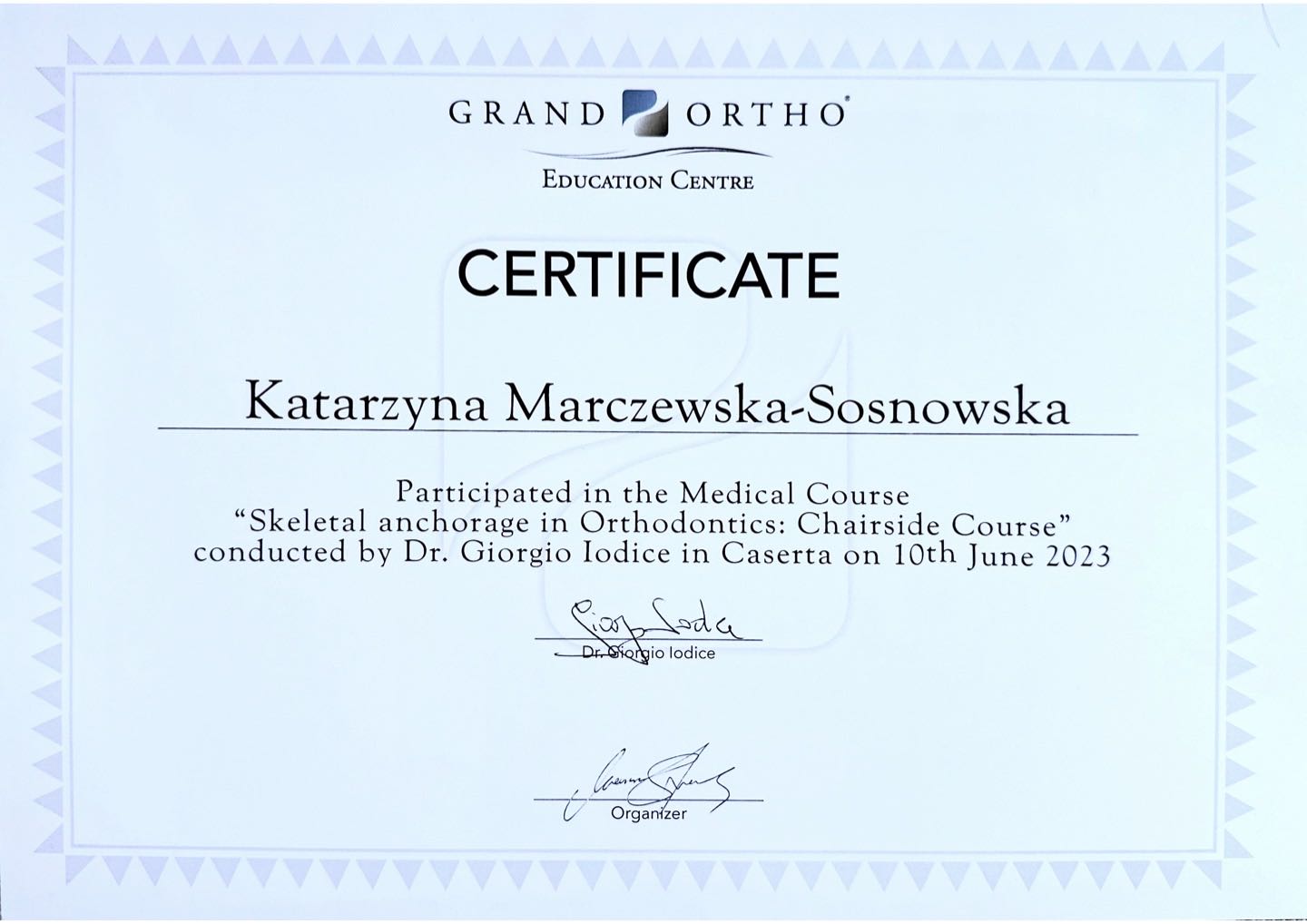 Certificate Grand Ortho Education Centre — „Skeletal Anchorage in Orthodontics: Chairside Course”, Caserta 2023