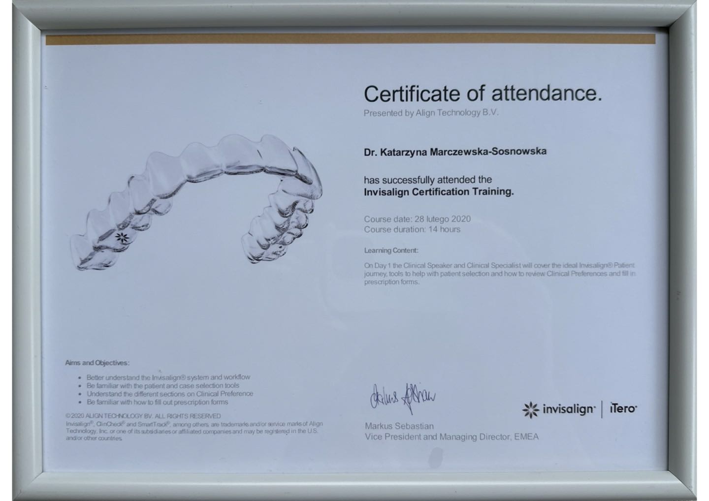 Certificate of attendance Align Technology — Invisalign Certification Training, 28 lutego 2020