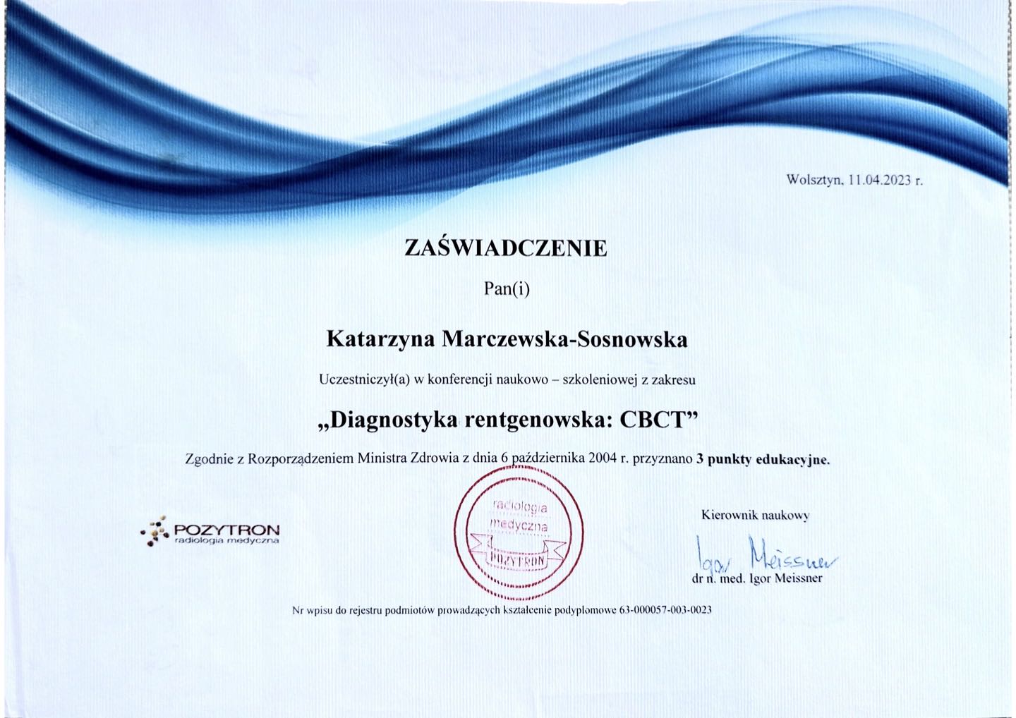 Zaświadczenie Pozytron Radiologia Medyczna — konferencja naukowo-szkoleniowa „Diagnostyka rentgenowska: CBCT”, Wolsztyn 2023