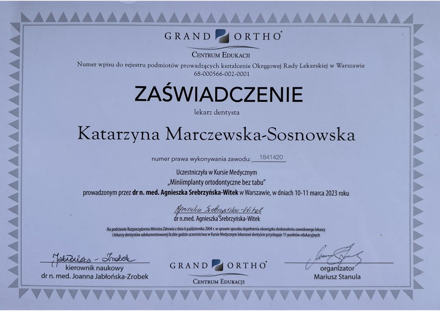 Zaświadczenie Grand Ortho — kurs medyczny „Miniimplanty ortodontyczne bez tabu”, Warszawa 2023