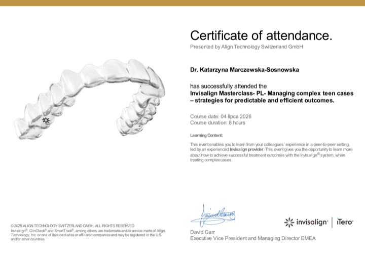 Certificate of attendance Align Technology Switzerland — Invisalign Masterclass „Managing complex teen cases – strategies for predictable and efficient outcomes”, 4 lipca 2026