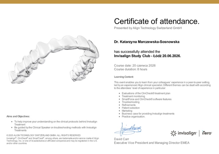 Certificate of attendance Align Technology Switzerland — Invisalign Study Club, Łódź, 20 czerwca 2026
