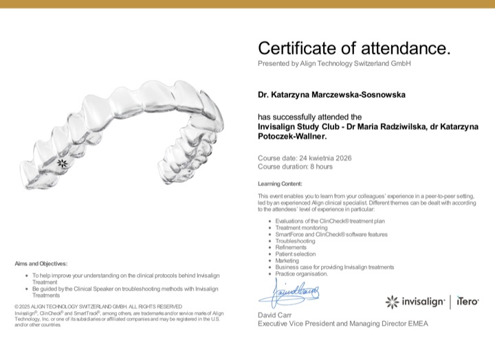 Certificate of attendance Align Technology Switzerland — Invisalign Study Club prowadzony przez dr Marię Radziwiłłską i dr Katarzynę Potoczek-Wallner, 24 kwietnia 2026