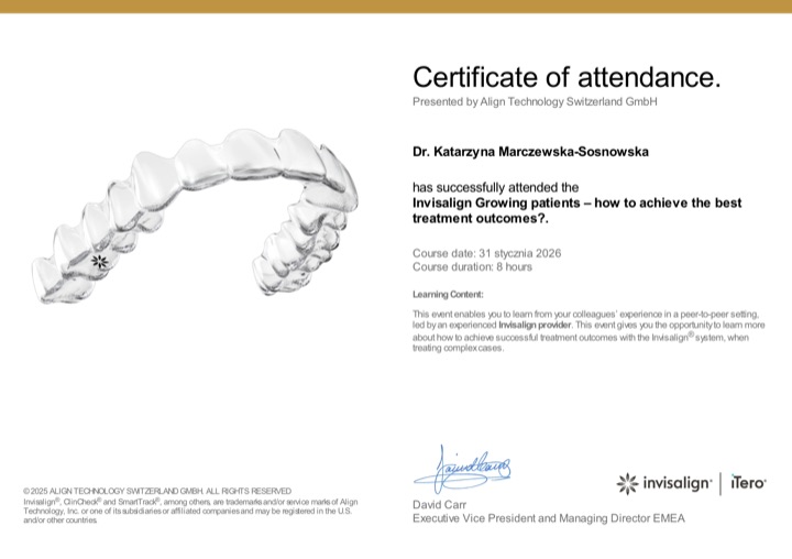 Certificate of attendance Align Technology Switzerland — Invisalign „Growing patients – how to achieve the best treatment outcomes?”, 31 stycznia 2026