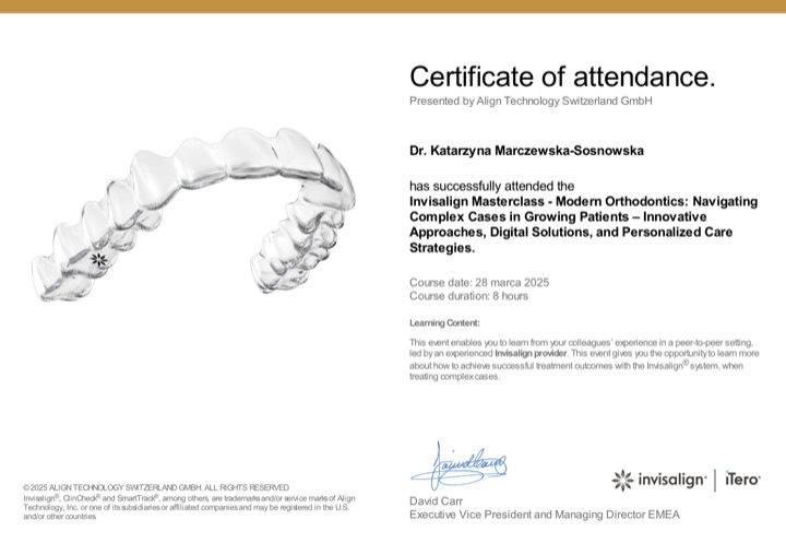 Certificate of attendance Align Technology Switzerland — Invisalign Masterclass „Modern Orthodontics: Navigating Complex Cases in Growing Patients”, 28 marca 2025