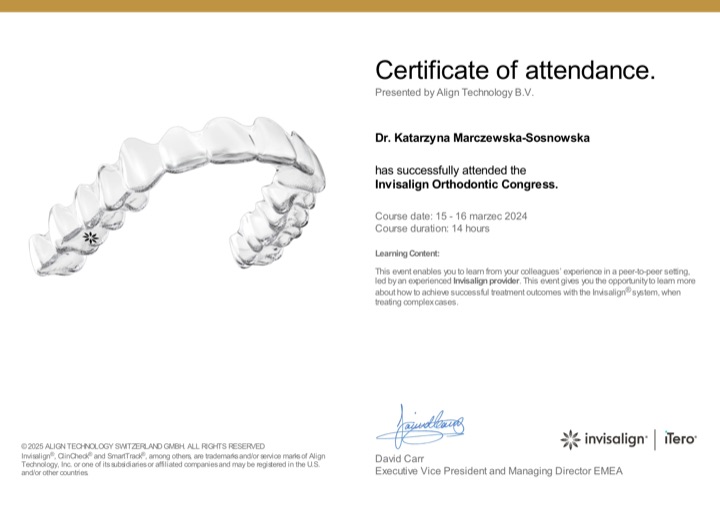 Certificate of attendance Align Technology B.V. — Invisalign Orthodontic Congress, 15–16 marca 2024