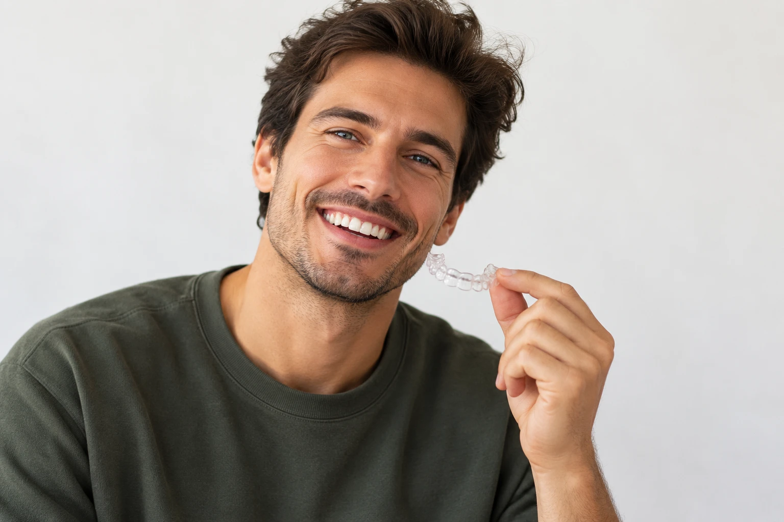 Uśmiechnięty dorosły pacjent trzyma przezroczystą nakładkę Invisalign