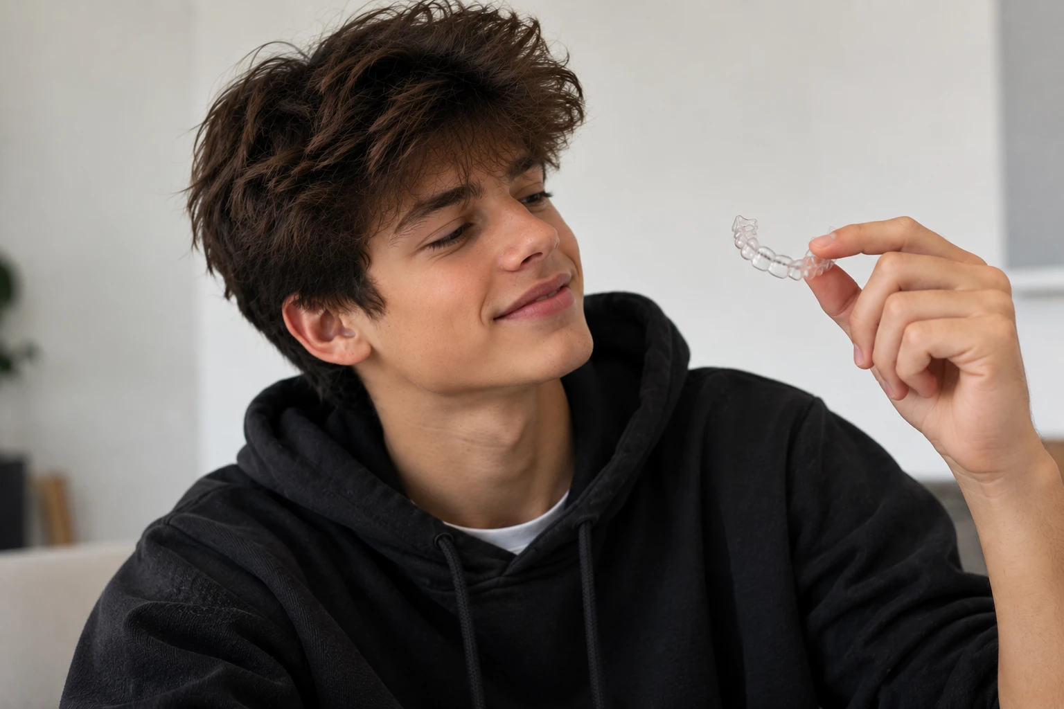 Uśmiechnięty nastolatek ogląda przezroczystą nakładkę Invisalign Teen